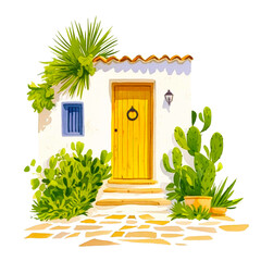 Watercolor wooden summer door entwined with flowers. Cute image suitable for cards, invitations, weddings, transparent png.