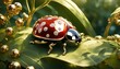 3d illustration of ladybug on green leaf with golden beads.