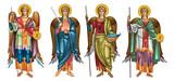 Fototapeta Kwiaty - Four Archangels close God's throne. Four cardinal points. Archangel Gabriel, Uriel, Raphael and Michael. Traditional illustration in Byzantine style isolated