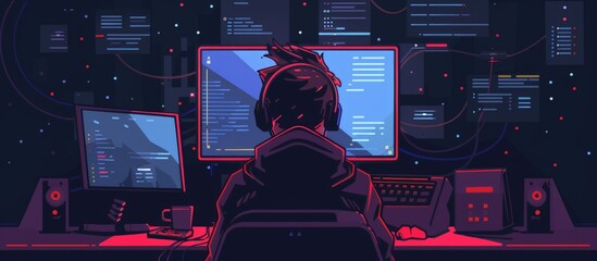 Wall Mural - a person is seated at a desk, surrounded by a computer and multiple monitors, engaged in work
