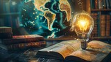 Fototapeta Kosmos - Education and Intelligence Collage with Global Travel Theme, bulb, light, map