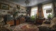 Vintage Living Room Interior with Abundant Furniture, Plants, and WallMounted Television