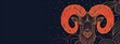 Aries Sign Banner with Red Outlined Ram with Massive Horns Amidst Star-Patterned Dots on a Black Background