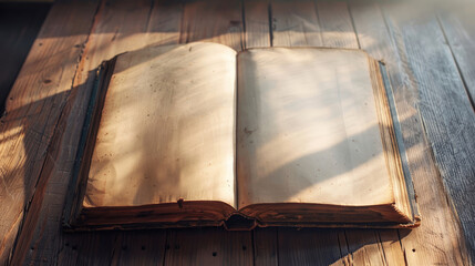 Wall Mural - close-up of blank antique vintage book sheet on wooden table with large page visible light and shadow from daylight from window 