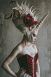 Unicorn Woman with Bare Shoulders and Horn Emerging from Forehead and a Fancy Cap Adorned with Flowers and Feathers in a Red Velvet Corset Dress with a White Flounce