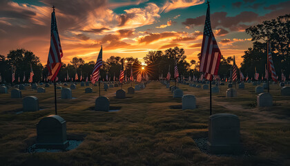 Wall Mural - A cemetery with many graves and flags in the background