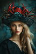 Fantasy Portrait of a Young Blonde Woman with Crab-Adorned Hat Representing Cancer Zodiac Sign