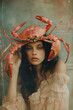 Fantasy Portrait of a Young Chestnut Haired Woman with a Crab as Headgear Representing the Cancer Zodiac Sign