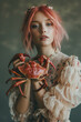 Fantasy Portrait of a Young Woman with Pink Hairs Holding Vibrant Red Crab, Representing Cancer Zodiac Sign