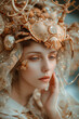 Fantasy Portrait of a Young Woman Representing Cancer Zodiac Sign with Headpiece Showcasing Crab Decorated with Pearls, Gems, and Intricate Embroidery on Sheer Muslin Veil