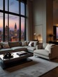 stunningly luxurious living room, exuding glamour and elegance, cozy ambiance and exquisite decor, large windows offer a beautiful city outlook, generated ai