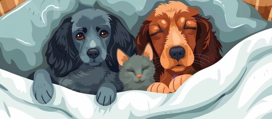 Sticker - Two adorable dogs and a content cat snuggled together on a comfy bed, enjoying a peaceful rest