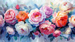 Exquisite watercolor painting of flowers for wedding invitation with roses and peonies in soft tones.