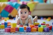 © anatolir - Fascinated Curly adorable baby playing with colorful blocks. Toddler plays in constructing colorful wooden cubs game. Generate ai
