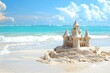 Sandcastles with checkboxes close-up on background of the sea.. Beautiful simple AI generated image in 4K, unique.