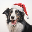 broder collie smiling wearing a christmas hat, portrait, white background сreated with Generative Ai