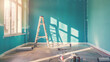Sunlight filters through a window onto a ladder in a room being painted teal