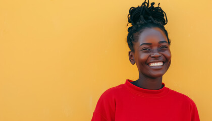 Wall Mural - A woman with dreadlocks is smiling and wearing a red shirt