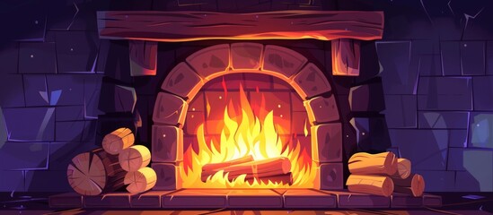 Poster - Fireplace with logs and firewoods illuminated in the darkness, creating a warm and cozy atmosphere