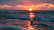 Light bulb with the word idea on the sea and sunset sky background