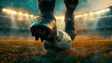 Fototapeta Sport - Create a closeup ultra realistic of a foot of a footballer wearing shoes and a football underneath his foot in a stadium background