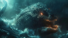 A Mysterious And Ominous Scene Of A Colossal Sea Creature Lurking In The Depths Of The Ocean, With Glowing Eyes Peering Out From The Darkness.