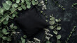 Aesthetic black square pillow mockup with eucalyptus branches, strong shadows, dark background. Generative AI