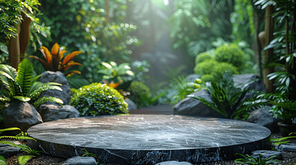 stunning image of a podium set against a lush green natural background, resembling a 3D forest scene.   podium with a clean white design, contrasting beautifully with the vibrant green, Generative AI.