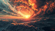 Dramatic sunrise over a sea of clouds with fiery sky. Nature's majesty concept. Inspirational landscape theme for design and print. Aerial view with copy space