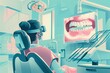 Reassuring dental treatment setting, patient with bib, overhead ad monitor, pastel-hued clinic, contemporary vector art.