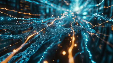 Wall Mural - Streaming data flow and glowing nodes in cyberspace. Digital communication concept. Cybersecurity and network theme for design and print. Macro shot with copy space