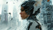Beautiful woman in white and black futuristic armor, with a gold leaf splatter effect. The background features tall buildings with broken glass windows, in the cyberpunk style High detailed.