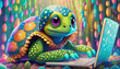 OIL PAINTING STYLE CARTOON CHARACTER multicolored Close up of baby turtle cartoon character hacker