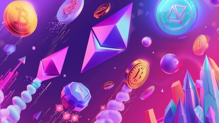 Wall Mural - A colorful illustration of flying objects in a cryptocurrency-themed 3d style   AI generated illustration
