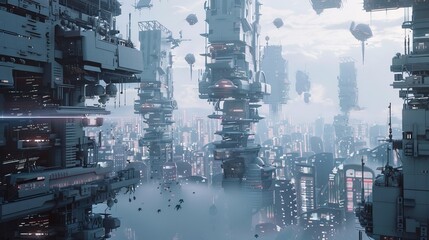Wall Mural - A futuristic cityscape with floating objects   AI generated illustration