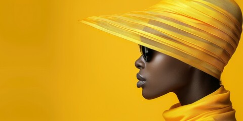 Wall Mural - A woman wearing a yellow hat and sunglasses is posing in front of a yellow background.