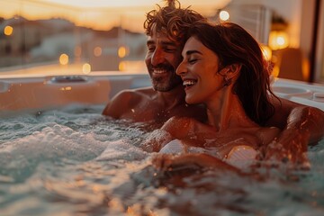 Wall Mural - A man and a woman are in a hot tub.