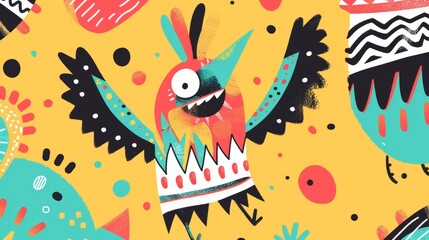 Wall Mural - A quirky flying character with a playful Memphis style pattern  AI generated illustration