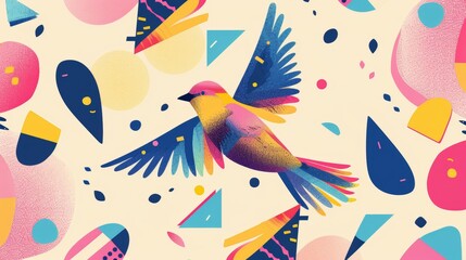 Wall Mural - A quirky flying character with a playful Memphis style pattern   AI generated illustration