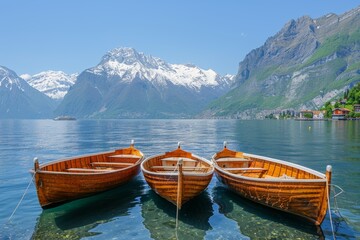 Two Wooden Boats on Lake With Mountains