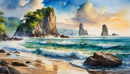 Sticker - Watercolor illustration of beautiful landscape with lone rock beach. Summer season. Natural scenery.