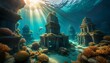 A vivid underwater world with towering coral structures, mysterious ruins of an ancient 