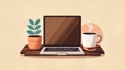 Wall Mural -  Cozy workspace with laptop coffee and plants