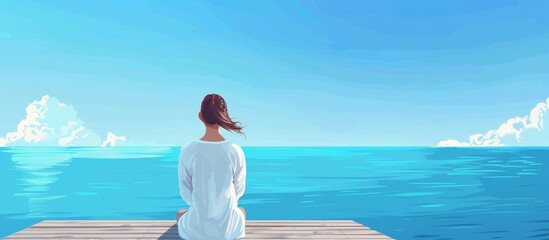 Sticker - Woman sitting peacefully on a dock, gazing out at the vast expanse of the ocean