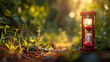As sunlight pierces the forest, a red hourglass stands on the earthy ground, highlighting the contrast between time and nature