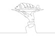 Sliced hot fish. Fish dish.One continuous line drawing.The waiter carries food on a tray. Food in a restaurant. A hand holds a tray. Line Art isolated white background.