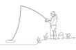 One continuous line.Fisherman on the river bank. Fisherman with a fishing rod.Fishing on the river. Fishing with spinning. One continuous line drawn isolated, white background.