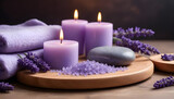 Fototapeta Lawenda - Spa with lavender elements lavender flowers candles stones 1