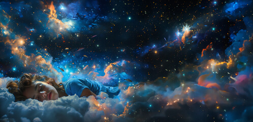 A young woman asleep on a cloud bed, her dreams spilling into the room as a nebula with stars and swimming fish, painted in a surrealist style