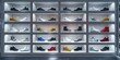Shoes displayed on tiered shelves, close view, orderly fashion, spotlight 